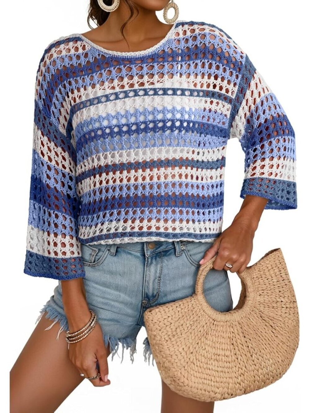 Women's Blue Sleeve Crochet Sweater Hollow Block  Cover Ups Striped Tops